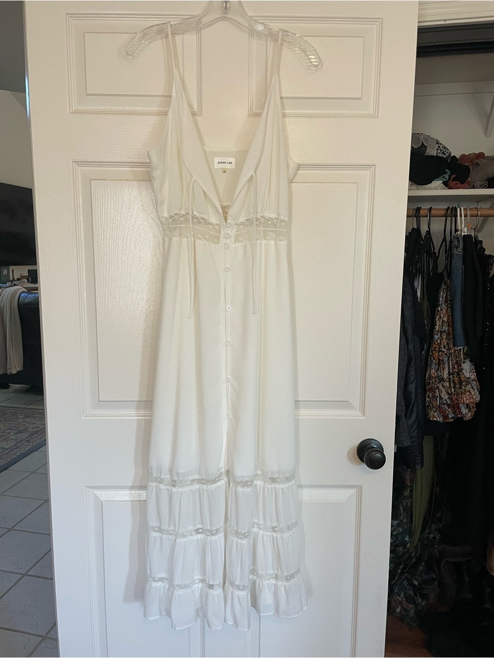 Sugarlips White Lace-Trim Midi Dress